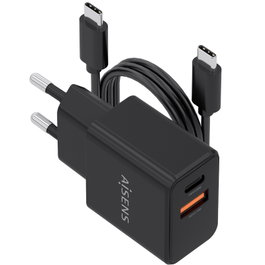 Aisens Cargador de Pared GaN 20W con Cable USB-C, Negro ASCH-20W2P084-BK